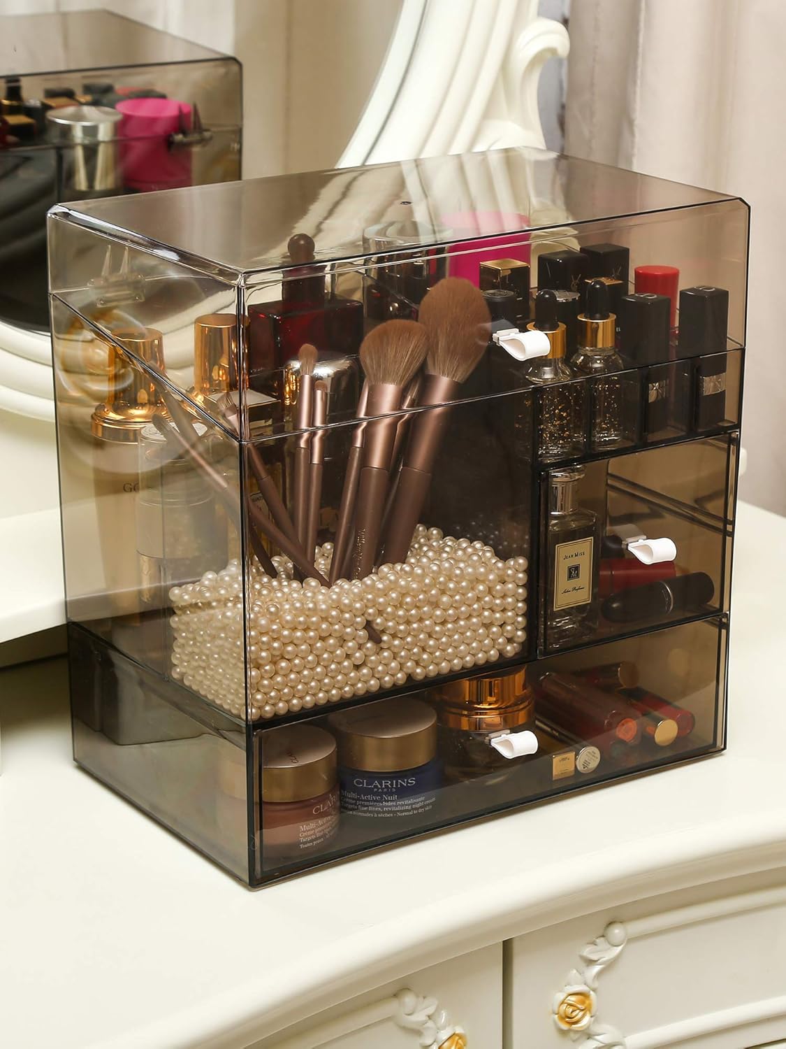 MOOCHI Tranlucent Black Large Makeup Organizer Multifuncational Dust Free Water Proof Cosmetics Storage Drawers Display Case for Brushes Lipsticks Skin Care Jewelry - Pearls Not Included: Beauty
