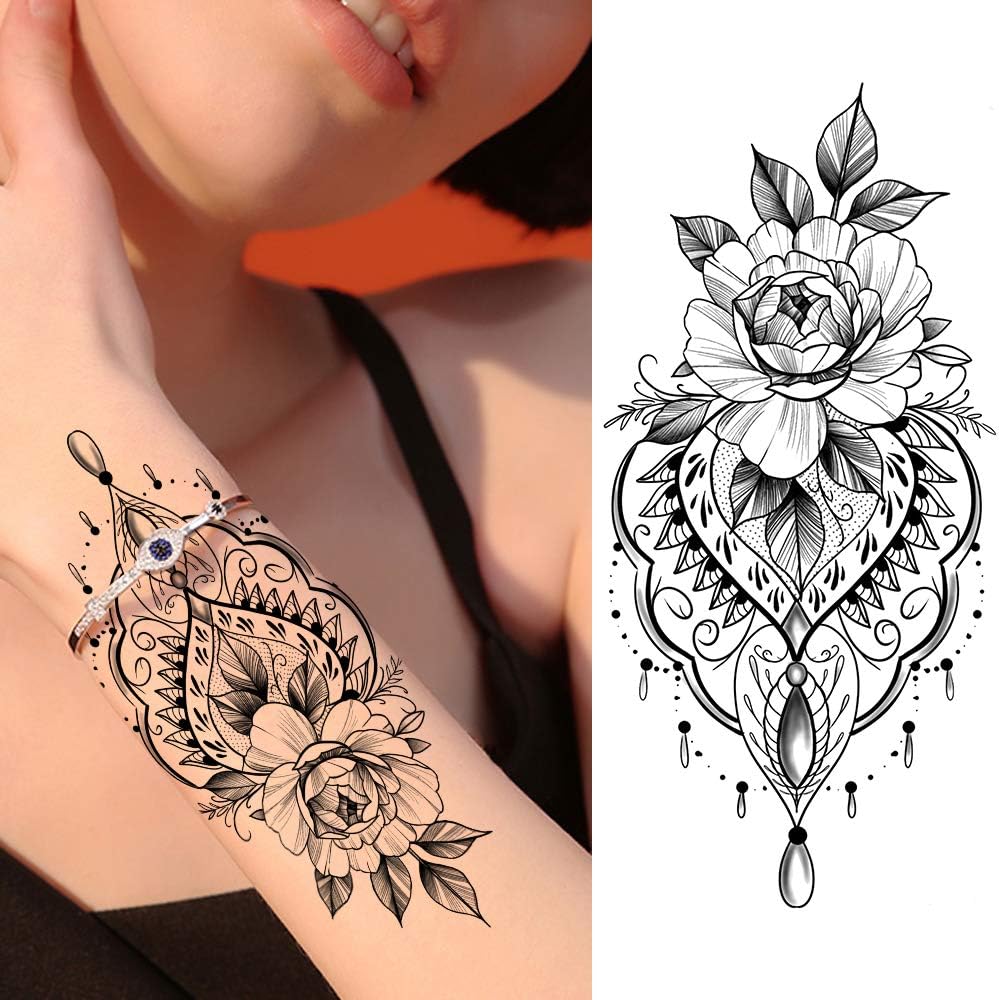 Temporary Tattoos Stickers 6pcs 19x9cm Black Lotus Rose Flower Women Men Fashion Body Art Adults Waterproof Hand Fake Tatoo Waterproof Removable Black Art Stickers Amazon Co Uk Beauty