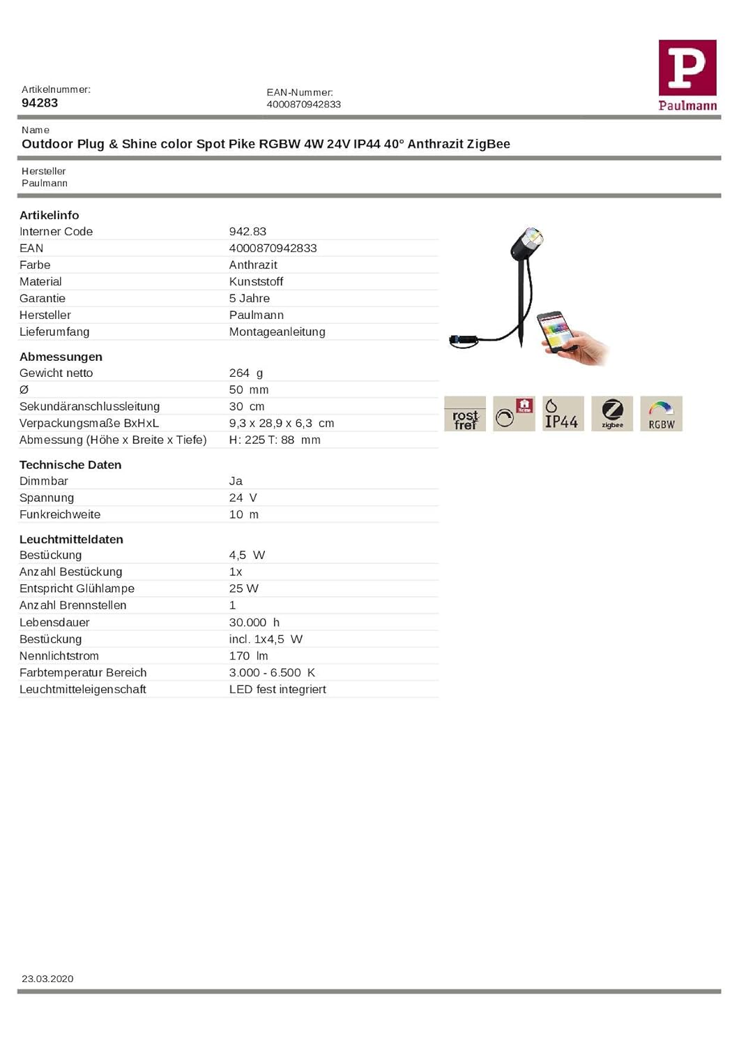 Paulmann 94283 Plug Shine Led Aussenleuchte Zigbee Spot Pike Rgbw Incl 1x4 5 Watt Dimmbar Ip44 Spritzwasserschutz Anthrazit Gartenbeleuchtung Kunststoff Warmweiss 3000 K 4 5 W Single Amazon De Beleuchtung