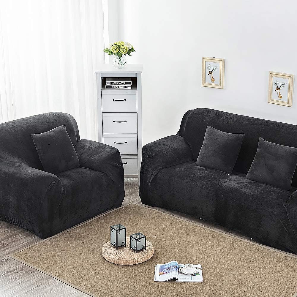 JOYFULBID Sofa Covers Thick Pure Color for 1/2/3/4 Seater, Sofa Protector Velvet Easy Fit Elastic Fabric Stretch Couch Slipcover (Black, 1 Seater)