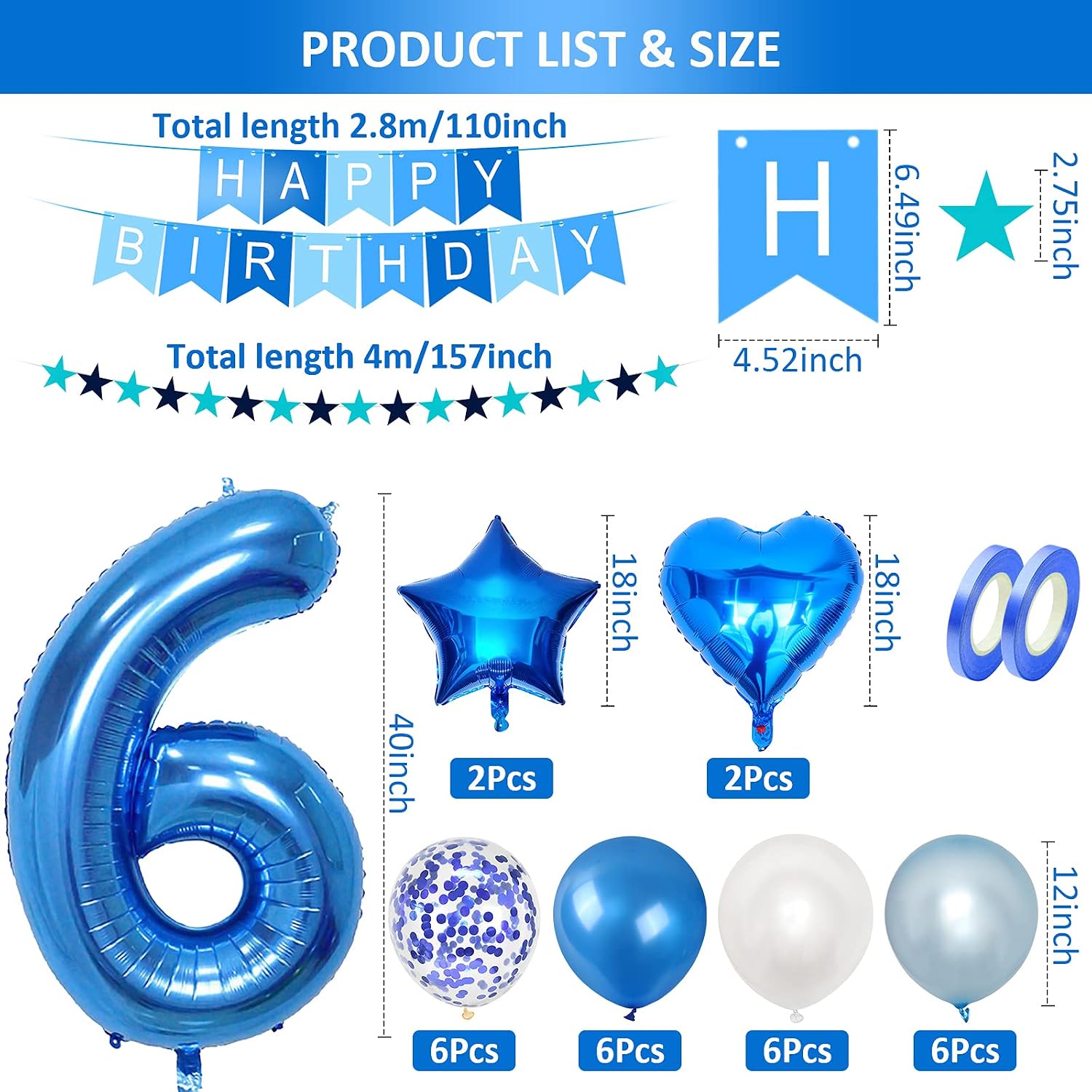 Unisun 6th Birthday Decorations for boy 40 inch Helium Foil Balloon Number 6 Light Blue White Confetti Latex Balloons - Image 3