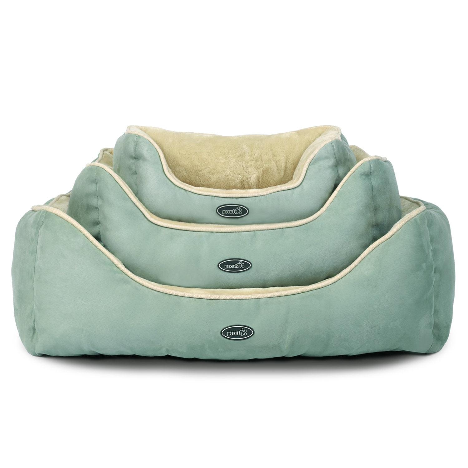 Dog Bed Cat Pet Bed Machine Washable Luxury Soft PP Cotton-Filled Coral Fleece Bed for Small Medium Large Pet Green and Beige