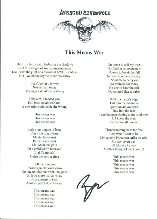 Brooks Wackerman Signed Avenged Sevenfold This Means War Song Lyric Sheet Coa At Amazon S Entertainment Collectibles Store brooks wackerman signed avenged