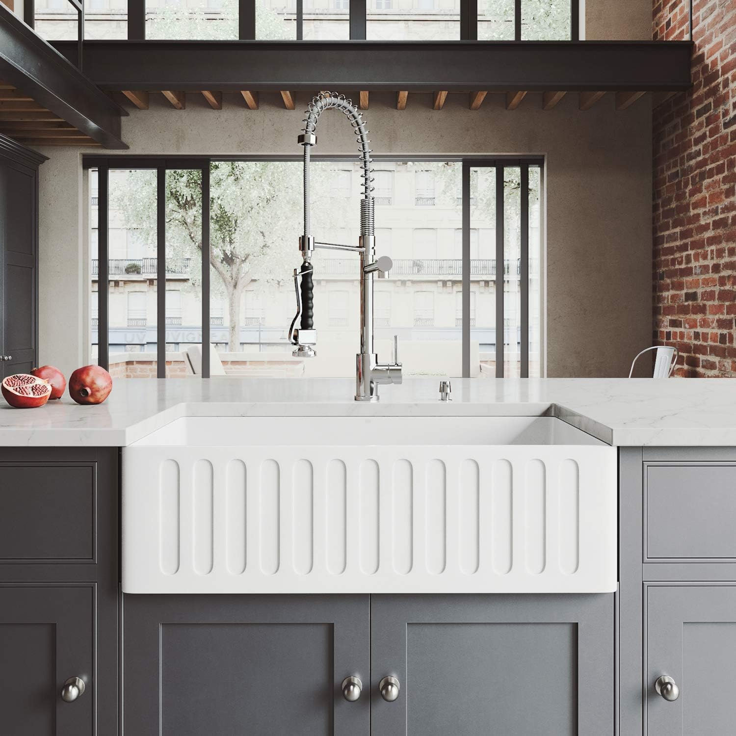 VIGO 33 inch Farmhouse Apron Single Bowl Matte Stone Kitchen Sink and Zurich Chrome Faucet Set
