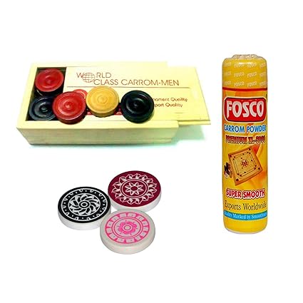 Optimus Premium Carrom Combo A - 250 gm Disco Carrom Powder 1 Set Wooden Carrom-Men Coins & 3 Acrylic Strikers