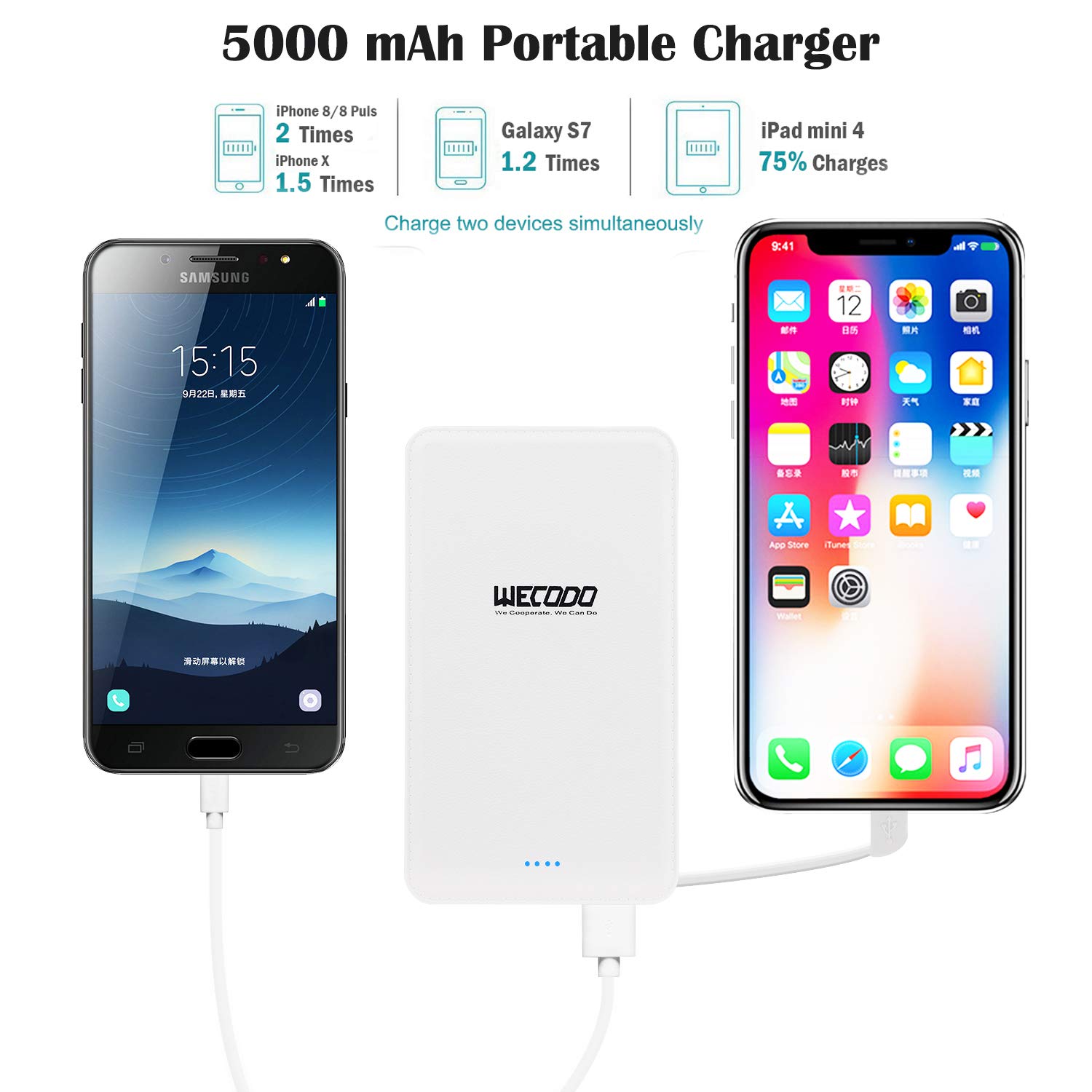 WECODO Slim Portable Charger 5000mAh Power Bank Built-in Cable Pocket External Battery Pack with LED Indicator Compatible iPhone iPad Samsung LG and More