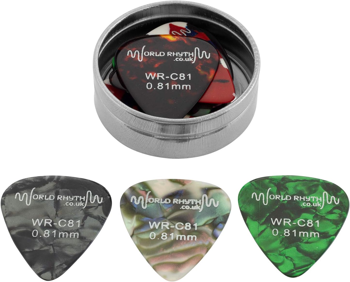 World Rhythm WR-C81 Guitar Picks with Storage Tin - 12 0.81mm Celluloid Guitar Plectrums, Assorted, 0.81 mm - Image 5
