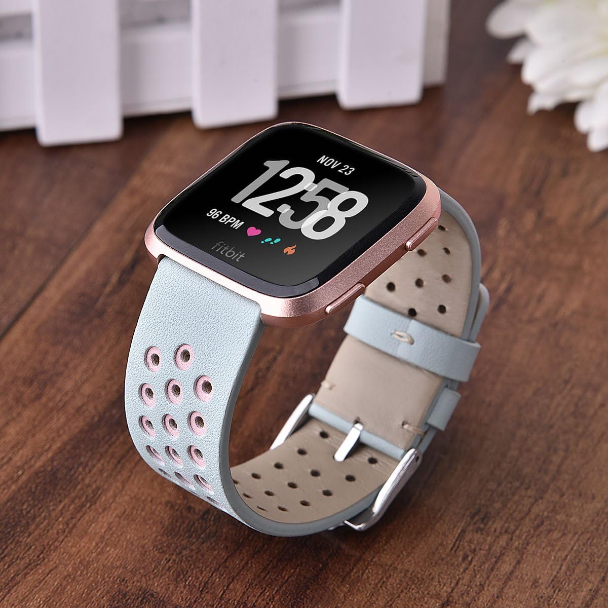 TOROTOP Band Compatible for Fitbit Versa 2 Band Leather Women,Breathable Genuine Leather Replacement Bands Bracelet Strap Accessories Wristbands for Versa 2 Fitness Smart Watch(Green Pink)