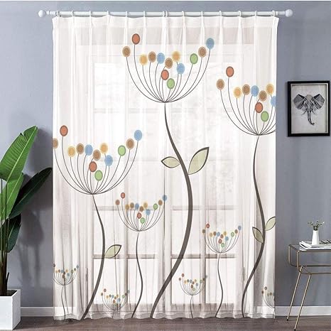Amazon Oayeos カーテンレース ルーム ベランダ 客間用 人気 庭 カラフルなタンポポ茎芽葉寝具植物野生生物草原コテージテーマ 多色 出窓 ポンポン 目隠し効果 レースカーテンおしゃれ 小窓 透明らしい 100 100cm 2枚入り レースカーテン オンライン通販