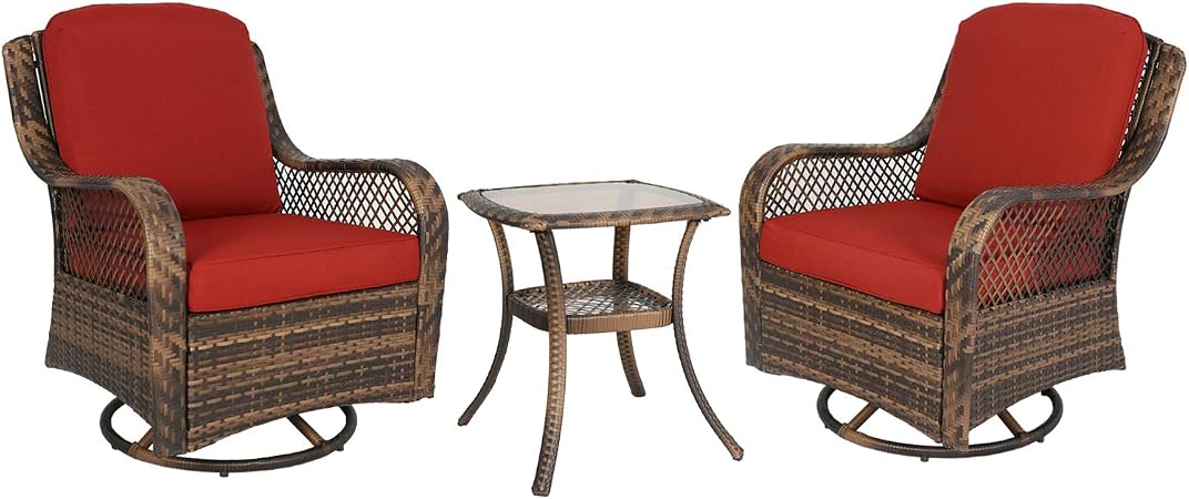 Amazon Com Ulax Furniture 3 Piece Patio Rocking Swivel Wicker Chair Outdoor Conversation Bistro Set 2 Cushioned Swivel Glider Chair With Side Table Red Garden Outdoor