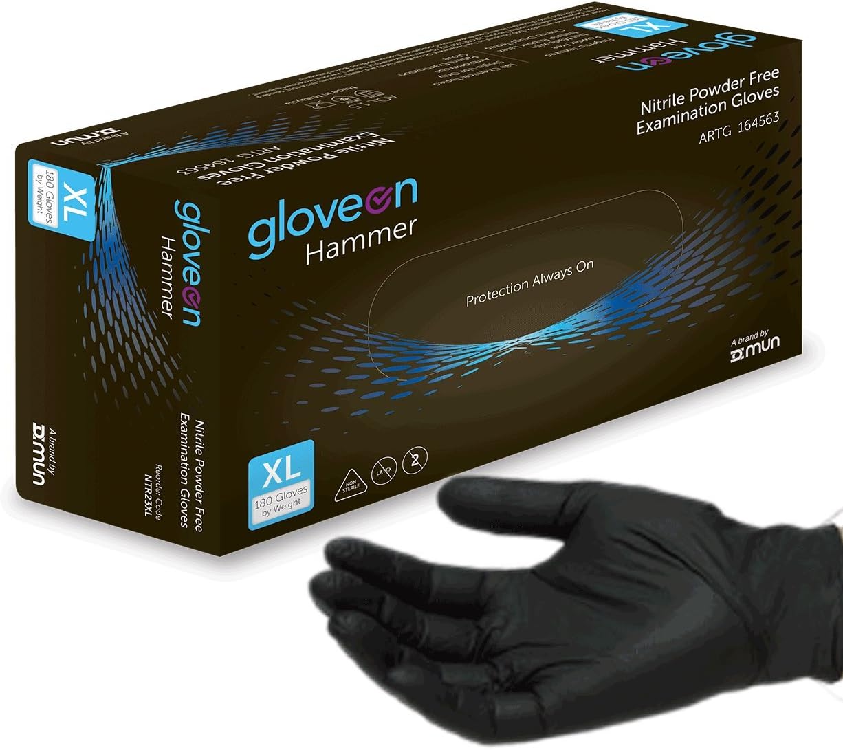 Hammer Black Nitrile Exam Tattoo Gloves, Powder Free, Latex Free, Size Large, 2 Boxes of 100 Gloves/Box (200)