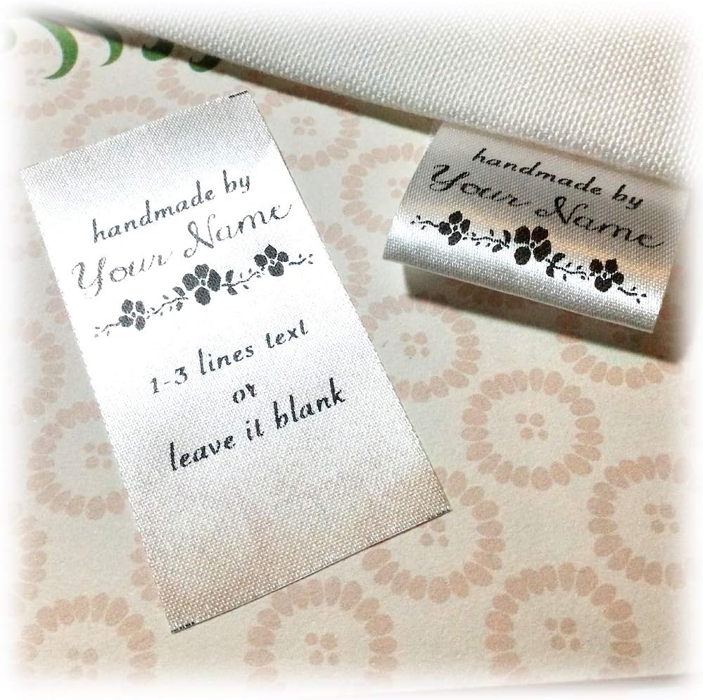 100 pcs Custom Clothing Label Sewing Hanging Name tag Flower Image Design Handmade Business Text Logo Personalized Soft Satin Ribbon Waterproof Washable Label Size 30mm