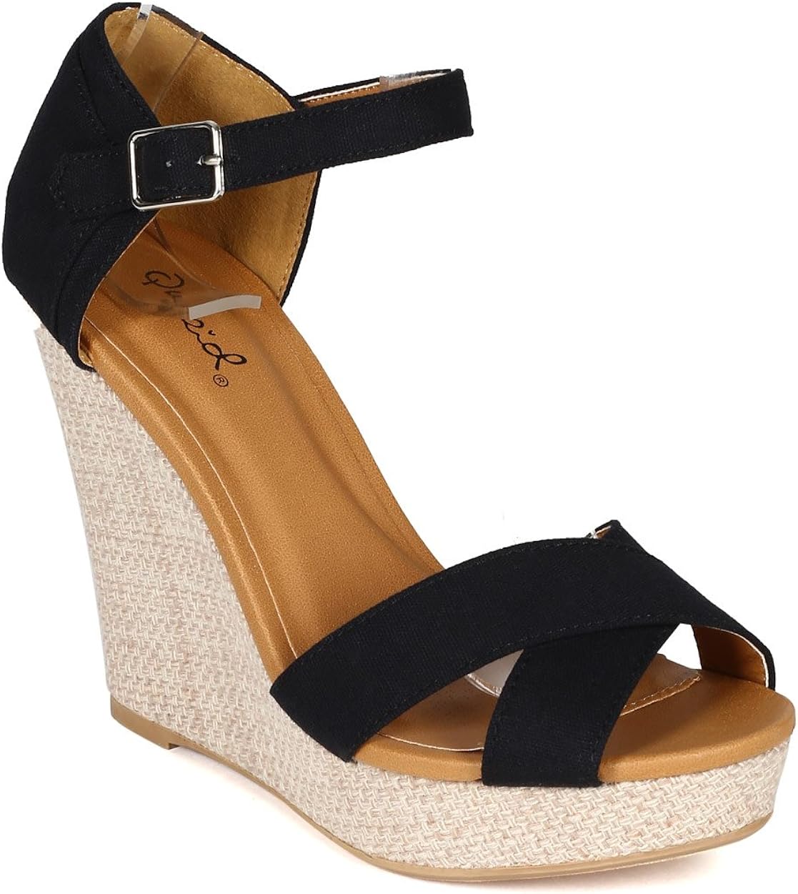 Women Canvas Criss Cross Ankle Strap Platform Wedge Sandal CA41 Black (Size 9.0