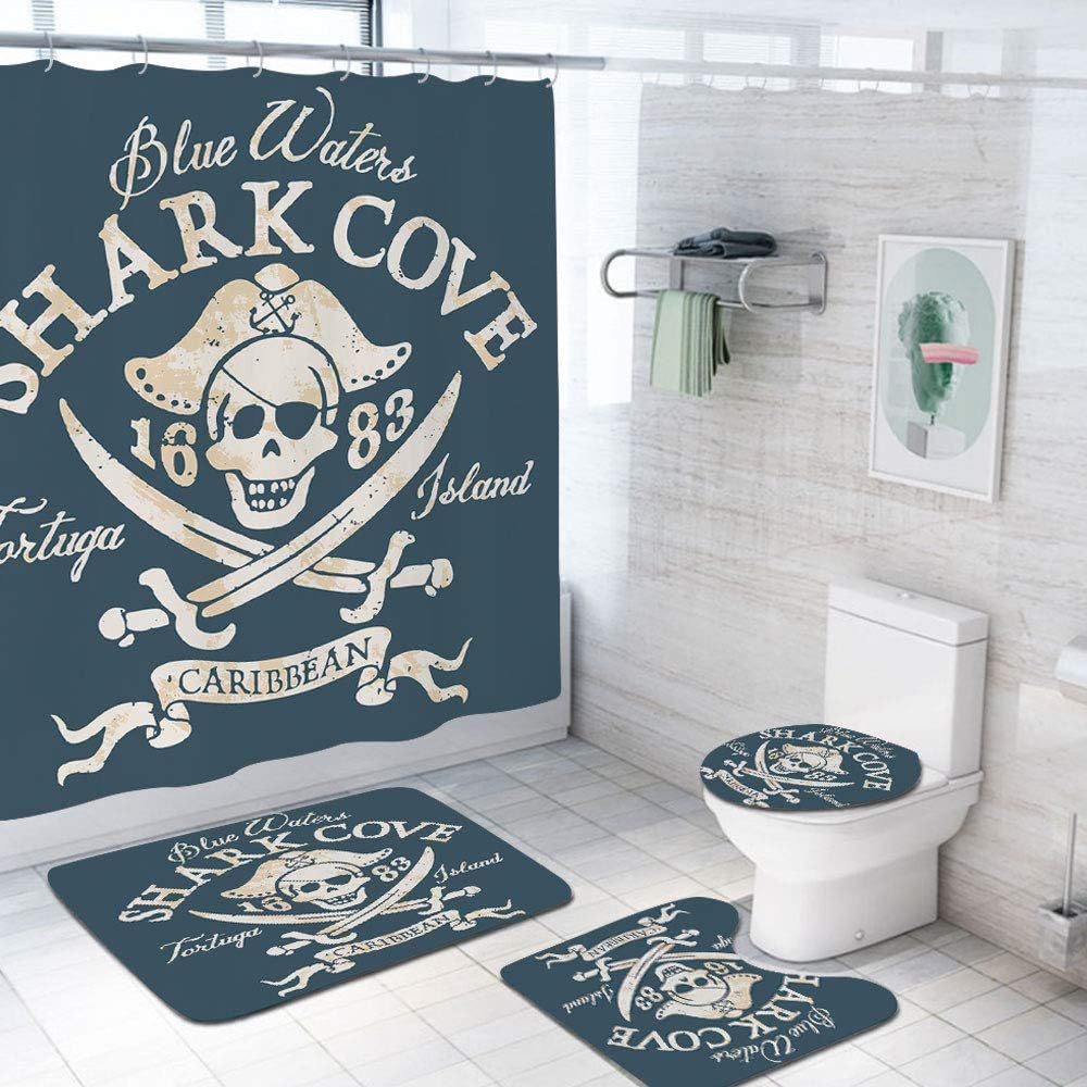 Pirate 69x70 inch Shower Curtain Sets,Shark Cove Tortuga Island Caribbean Waters Retro Jolly Roger Toilet Pad Cover Bath Mat Shower Curtain Set 4 pcs Set,Slate Blue White Light Mustard