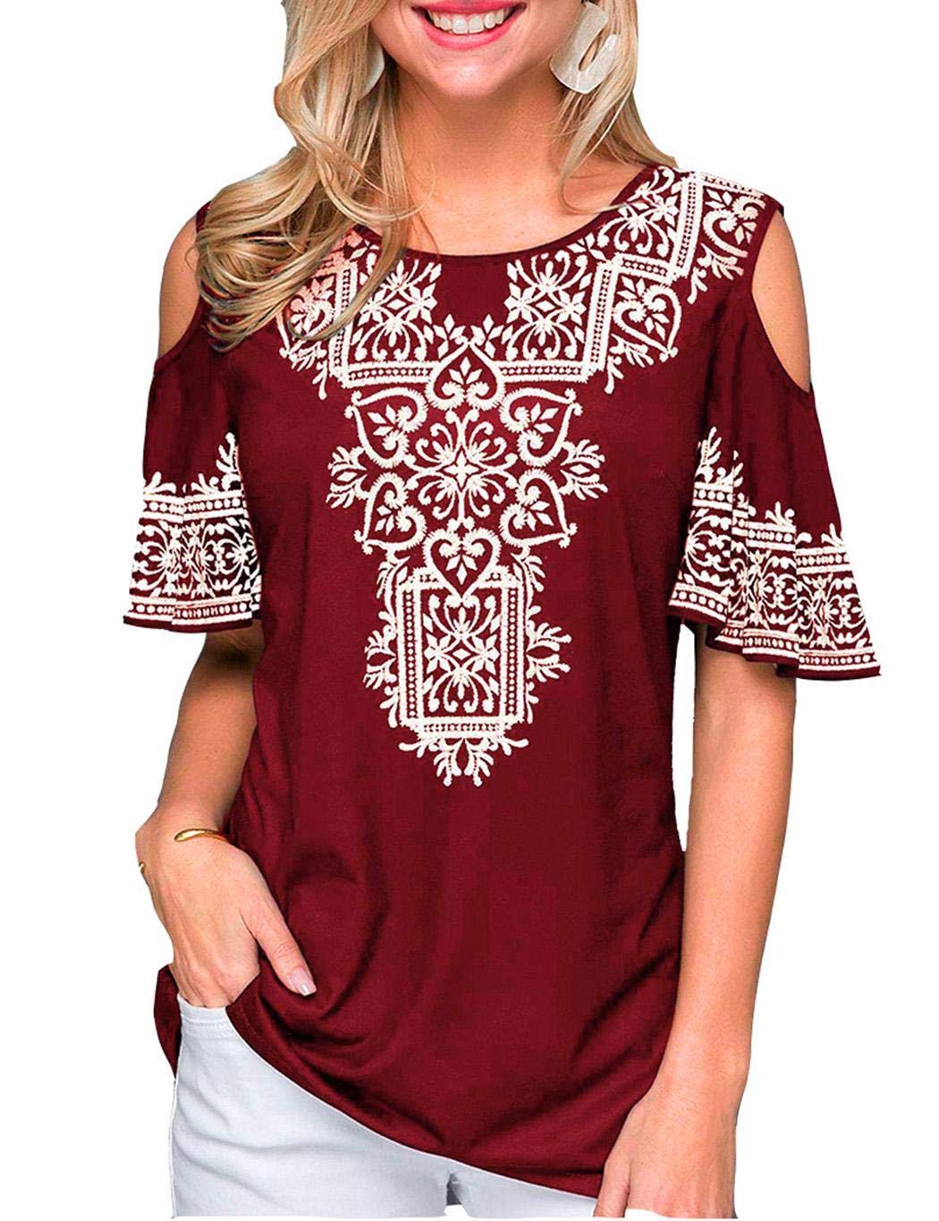 UpBeauty Women Summer O Neck Printed Short Sleeve T-Shirt Casual Off Shoulder Top Knits & Tees S-5XL Red