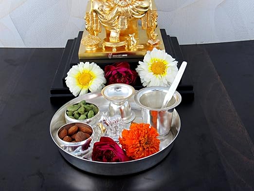 GoldGiftIdeas Silver-Plated Pooja Thali Set with Cow and Chandan (Silver)