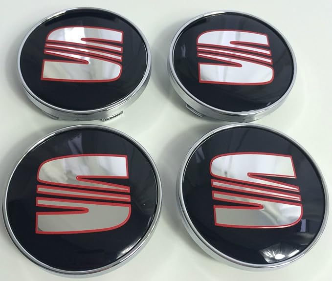 4x SEAT ROT SCHWARZ CHROM Logo 60mm Nabenkappen Nabendeckel Radkappen Felgendeckel Rad Vollständiger Satz Kappen FR SPORT PER