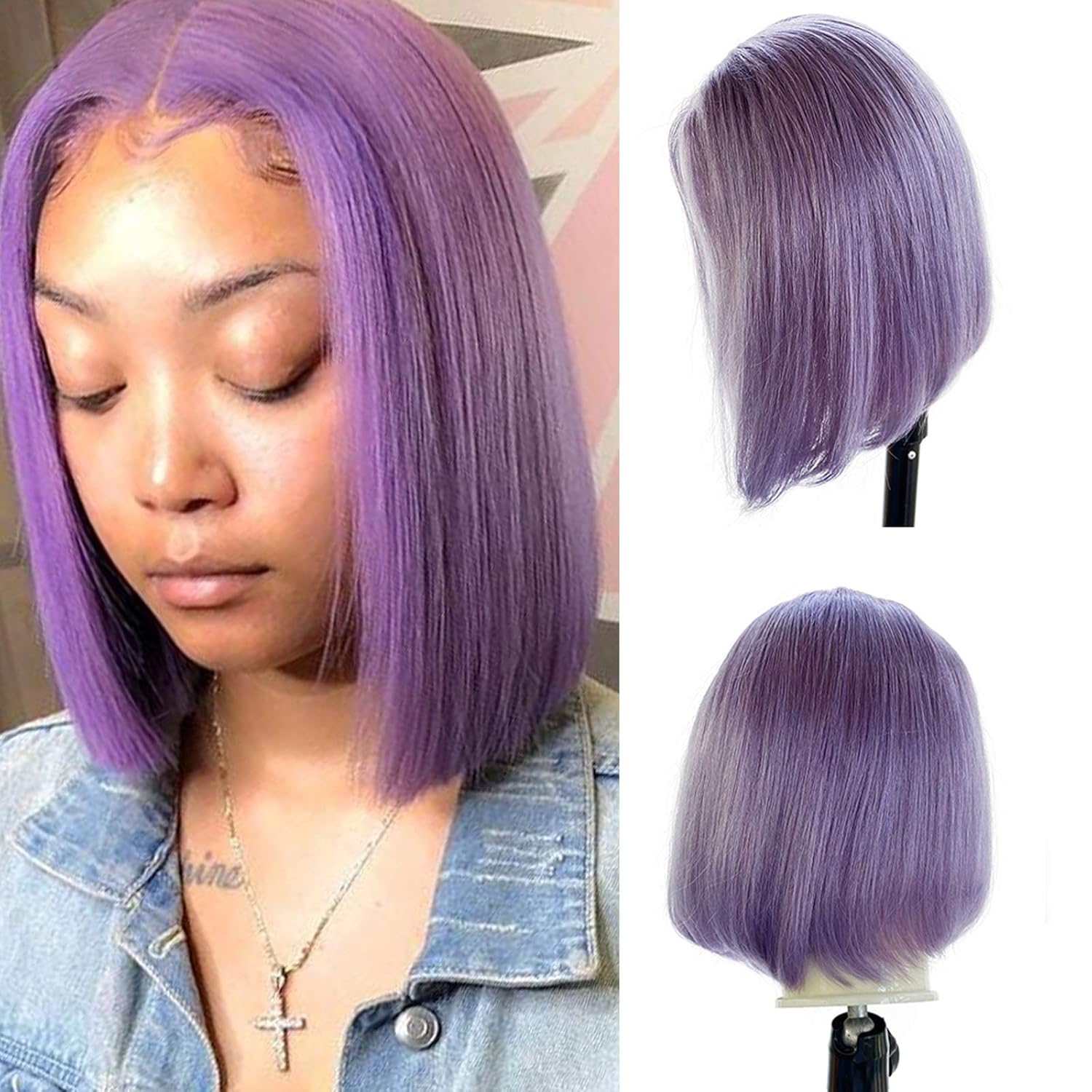 8 Inch Lilac Bob Wig 180% Density 