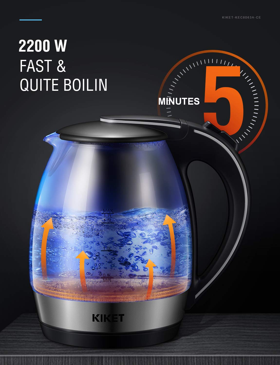 Bollitore in Vetro Elettrico KIKET, 1.7L Bollitore d\'acqua Borosilicato con Illuminazione a LED, Protezione Boil-dry, BPA-Free Teiera Elettrica, 2200w Sano Bollitore