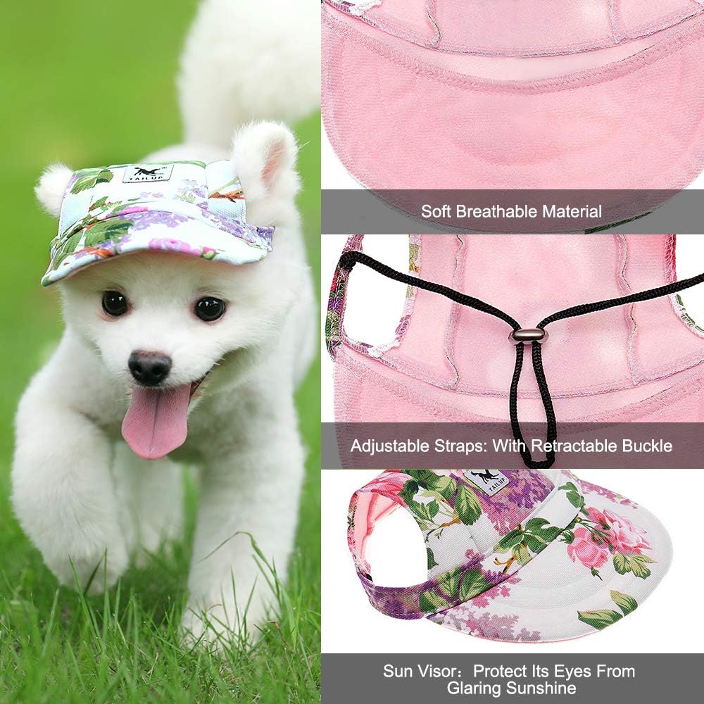Dog Hat-Pet Baseball Cap/Dogs Sport Hat/Visor Cap with Ear Holes and Chin Strap for Small Dogs (Size S, Flowers) by Happy Hours : Pet Supplies