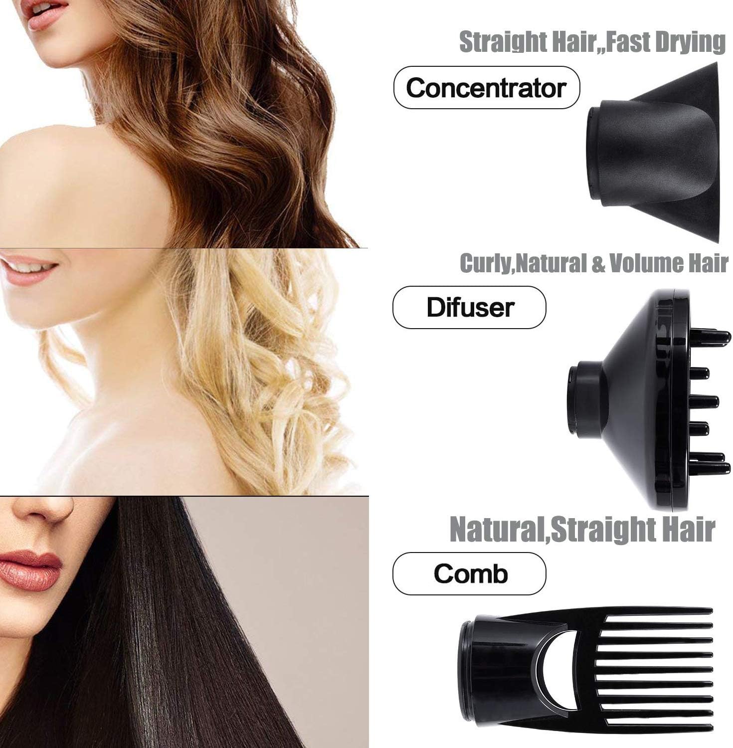 Hair Dryer 1875W, Negative Ionic Fast Dry Low Noise Blow Dryer, Professional Salon Hair Dryers with Diffuser, Concentrator, Styling Pik, 2 Speed and 3 Heat Settings: Health & Personal Care