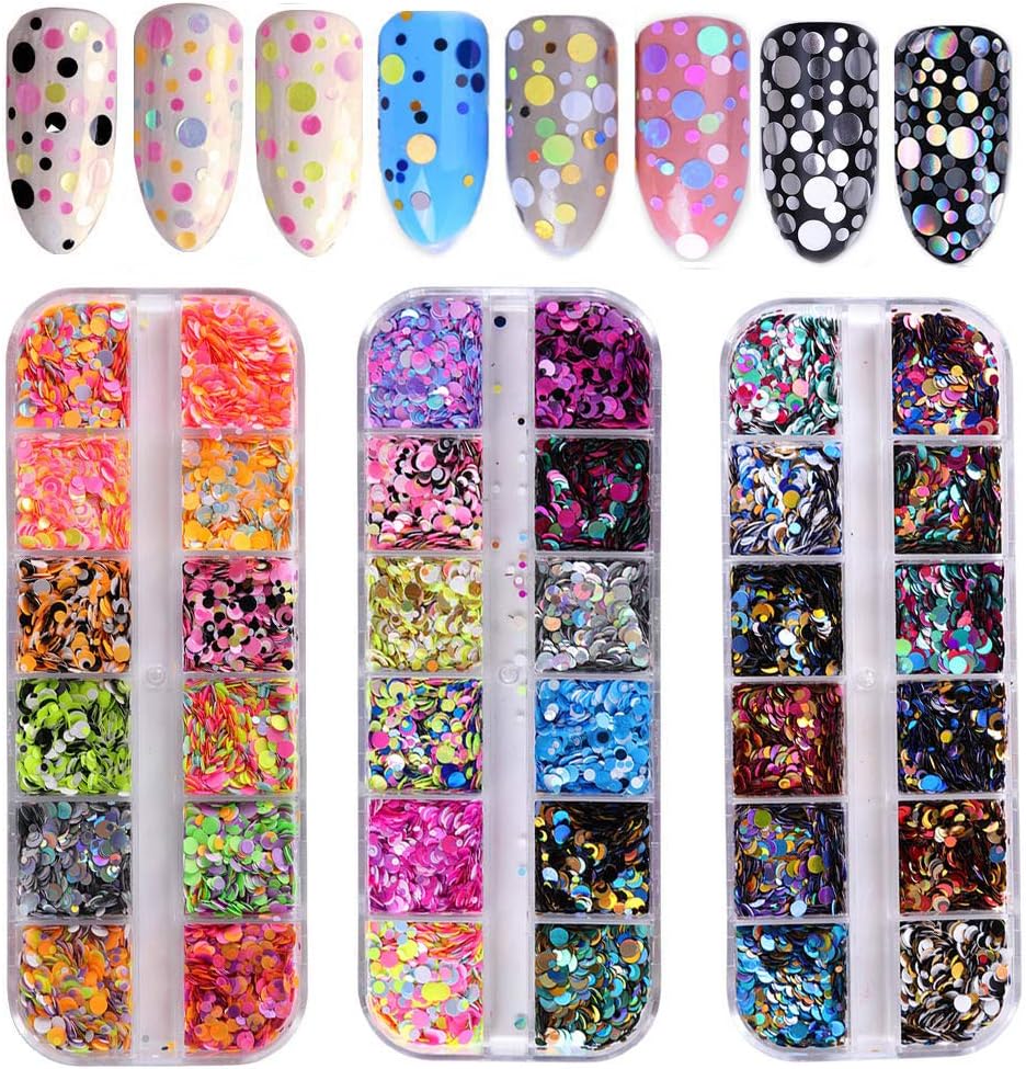 36 Color Nail Sequins, Kalolary Nail Art Flake Nail Glitter Paillette Mixed Round Thin Shining, 3D Nail Art Stickers Manicure Make Up DIY Decals Decoration: Arts, Crafts & Sewing