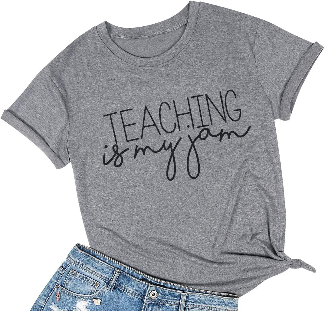 Teaching is My Jam Women T-Shirt Funny Letter Printed Summer Short Sleeve Teacher Tshirts Top