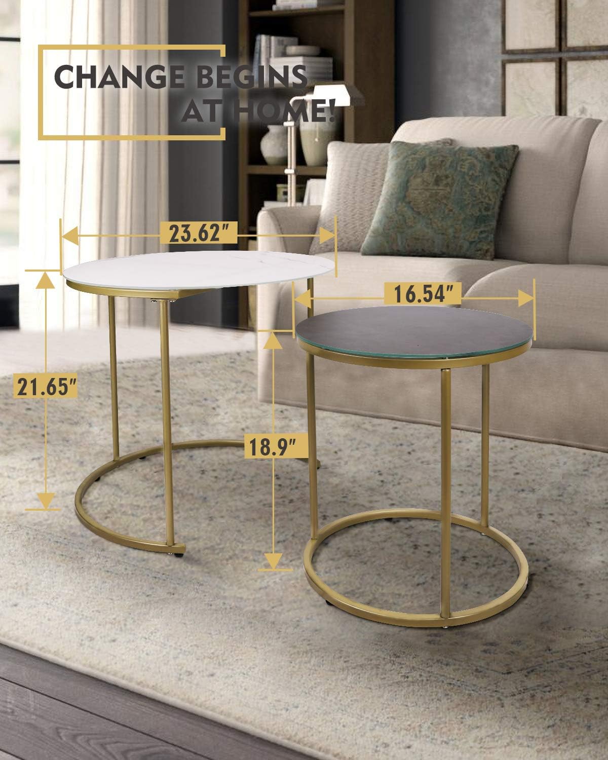 Modern Nesting Side Coffee Tables Set of 2, Tempered Glass with Glazed Marble Texture & Dark Gray Finish Top Waterproof Outdoor and Indoor End Tables, Stacking Table, ET219AB-WG: Kitchen & Dining