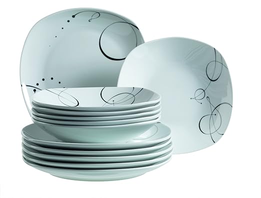 Mäser, Serie Chanson, Tafelservice 12-teilig, Geschirrset für 6 Personen, leicht eckig aus Porzellan