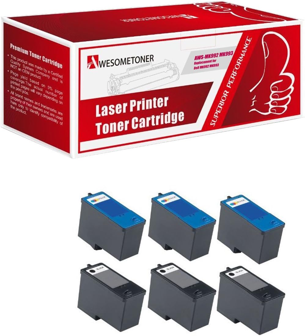 Awesometoner 6 Pack (3BK+3C) Remanufactured DELL (Series 9) MK992 Black and MK993 Color Ink Cartridges for DELL 926, V305, V305W Printers
