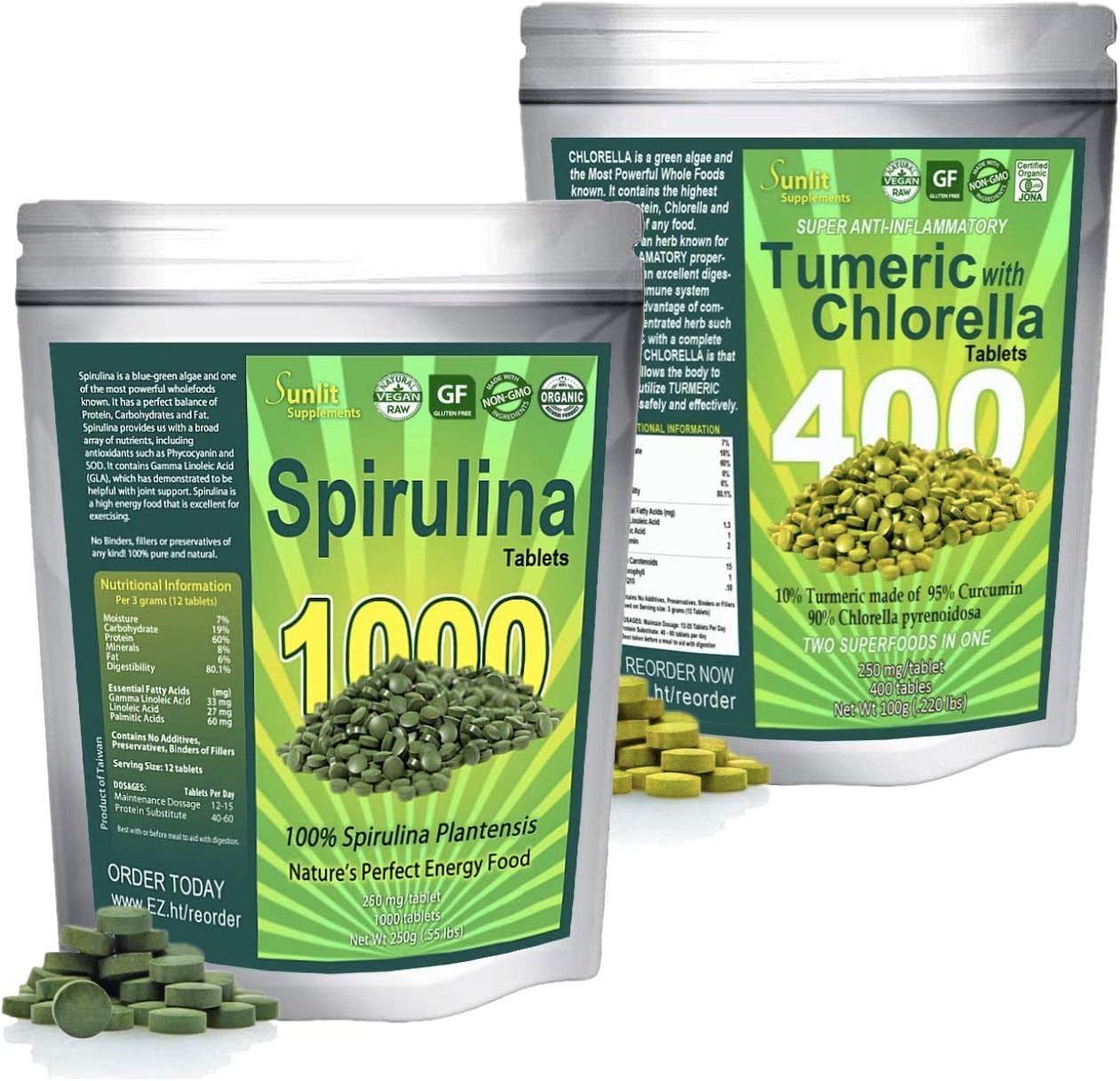 Organic Spirulina Tablets (1000 Tablets) Plus Chlorella with Turmeric Tablets (400 Tablets) Bundle. Maximum Protein and Chlorophyll, Green Superfood Supplement. Concentrated Curcumin Turmeric Root.