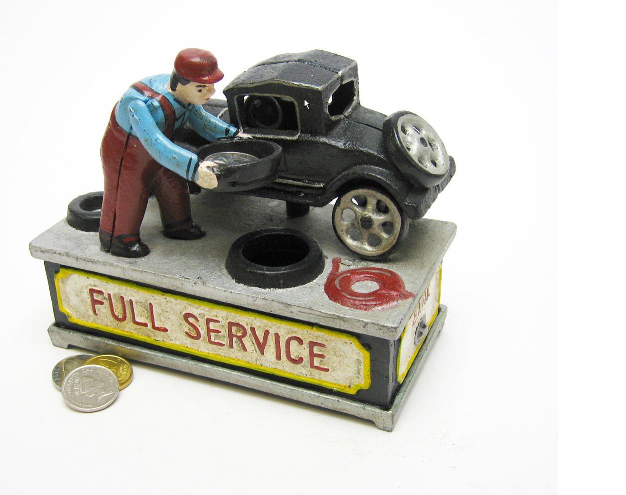 Model T at the Service Station Mechanical Coin Bank Foundry Cast Iron