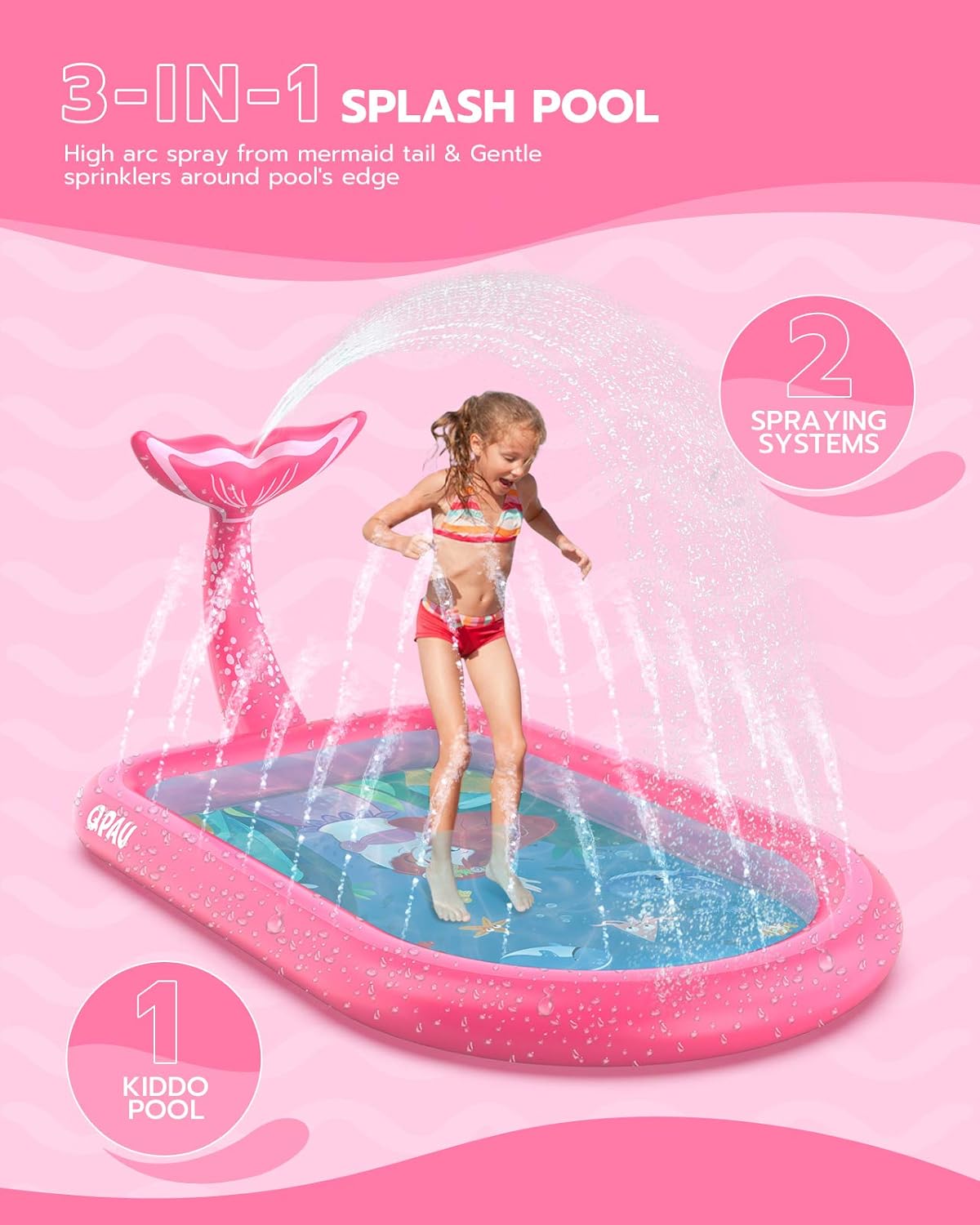 QPAU 3-in-1 Inflatable Sprinkler Pool, 2021 New Mermaid Design Splash Pad Kiddie Pool for Kids Toddler, Outdoor Water Toys for Babies Boys Girls, 65”x 40” (Pink Mermaid): Kitchen & Dining