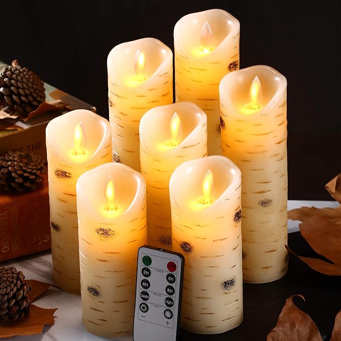 Flameless Candles with Birch Bark Effect Battery Operated