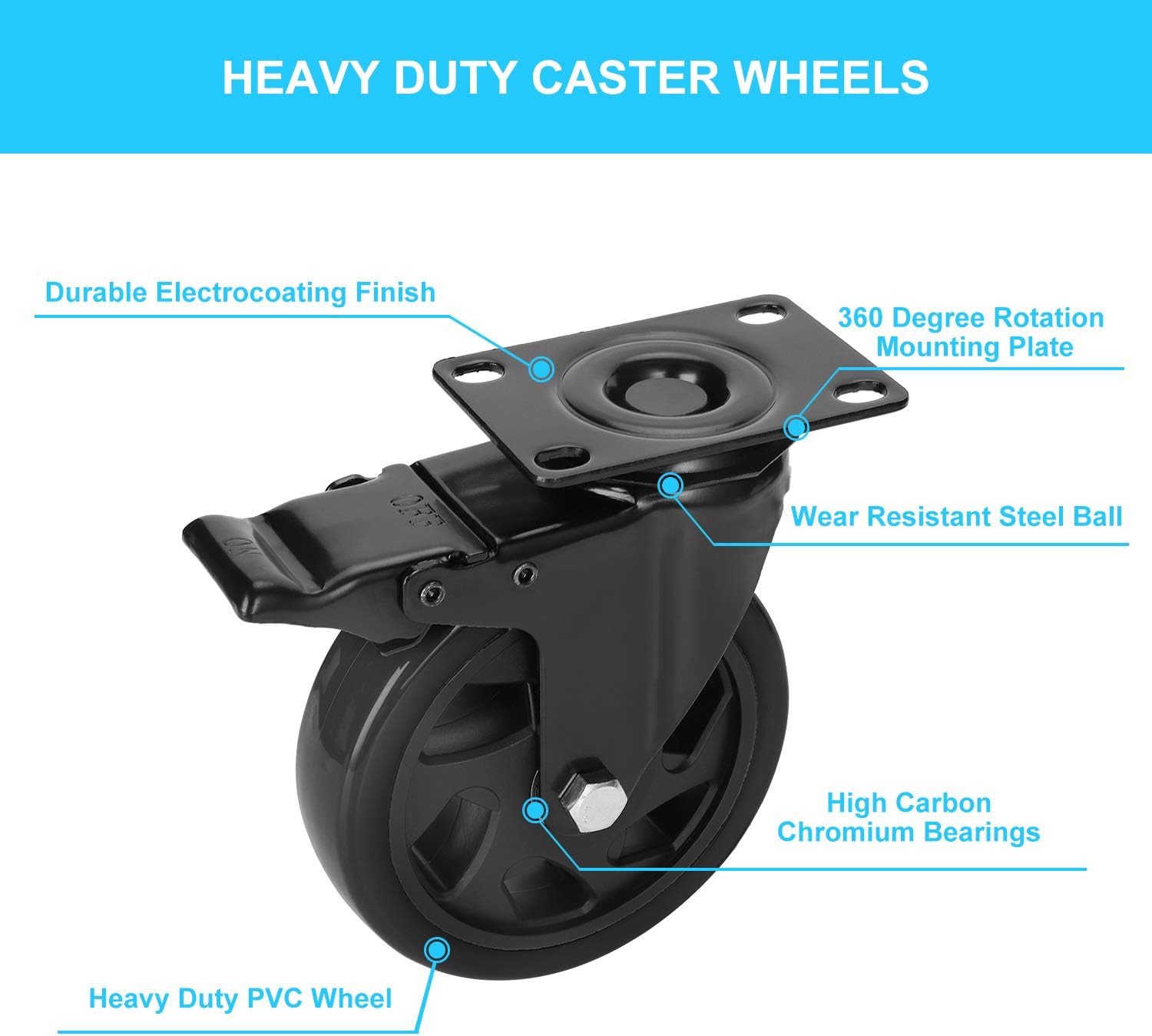 PRITEK 5 inch Caster Wheels Bearing 1500lbs 4 Pack Heavy Duty Rubber Plate Casters all with Safety Brake No Noise Lockable Swivel Casters (include 16pcs screws): Automotive