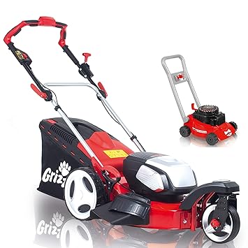 Grizzly Akku Rasenmäher Trike 4046, 40 V 4.0 Ah Lithium Ionen Akku 144 Wh, bewegliches Vorderrad, 46 cm Schnittbreite, Mulchf