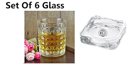 King International 100% Crystal Clear Round Wine Glasses | Set of 6 Pieces With Glass Ash Tray Set Of 1 Piece | Whiskey, Beverage, Beer Glasses |