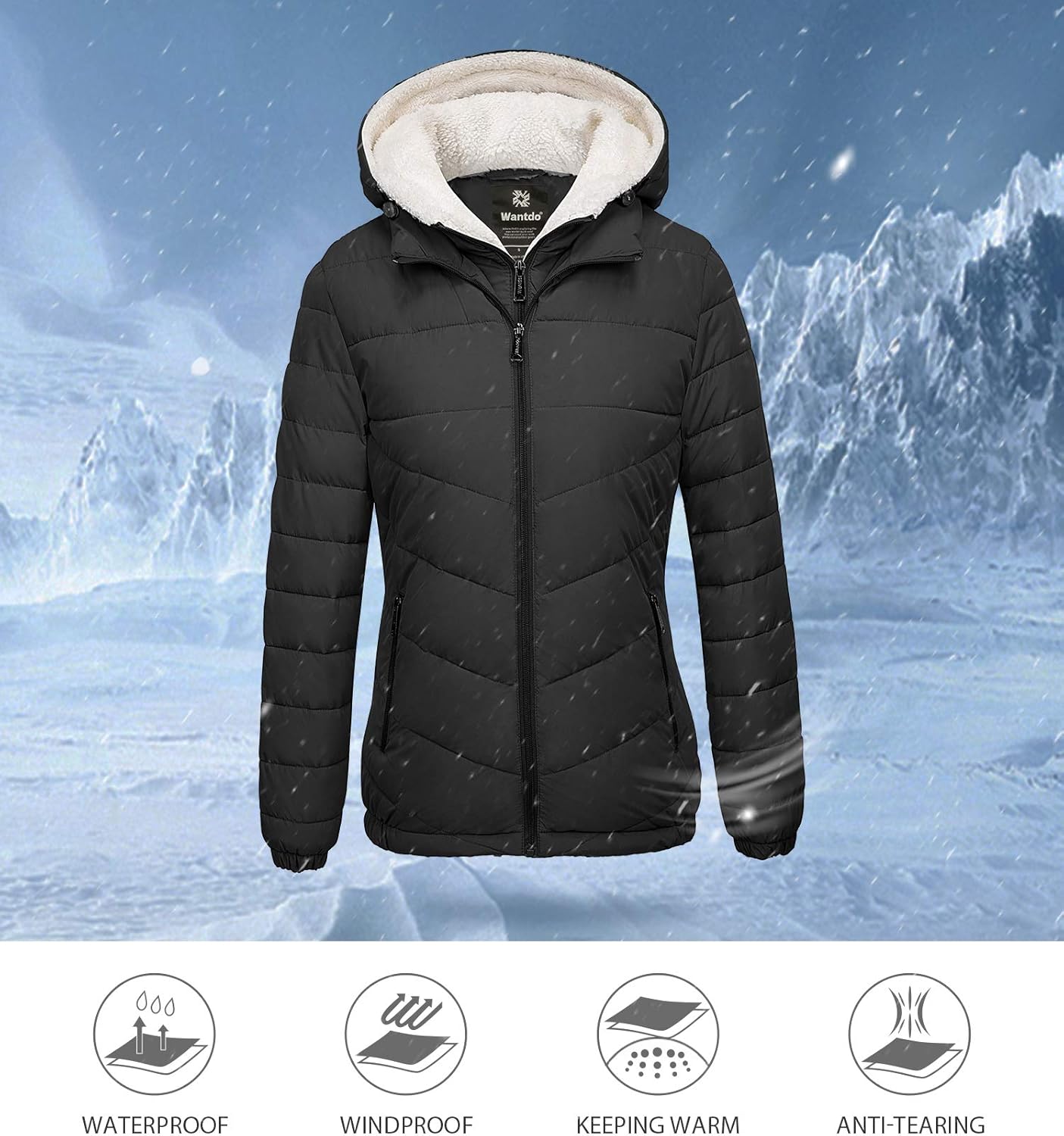 Wantdo Women's Quilted Winter Coats Hooded Warm Puffer Jacket with Fleece Hood: Clothing