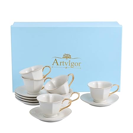 Artvigor, Porzellan Kaffeeservice in Geschenkverpackung, 12-teilig Set Kaffeetassen 150 ml mit Untertassen, Weiß Teeservice