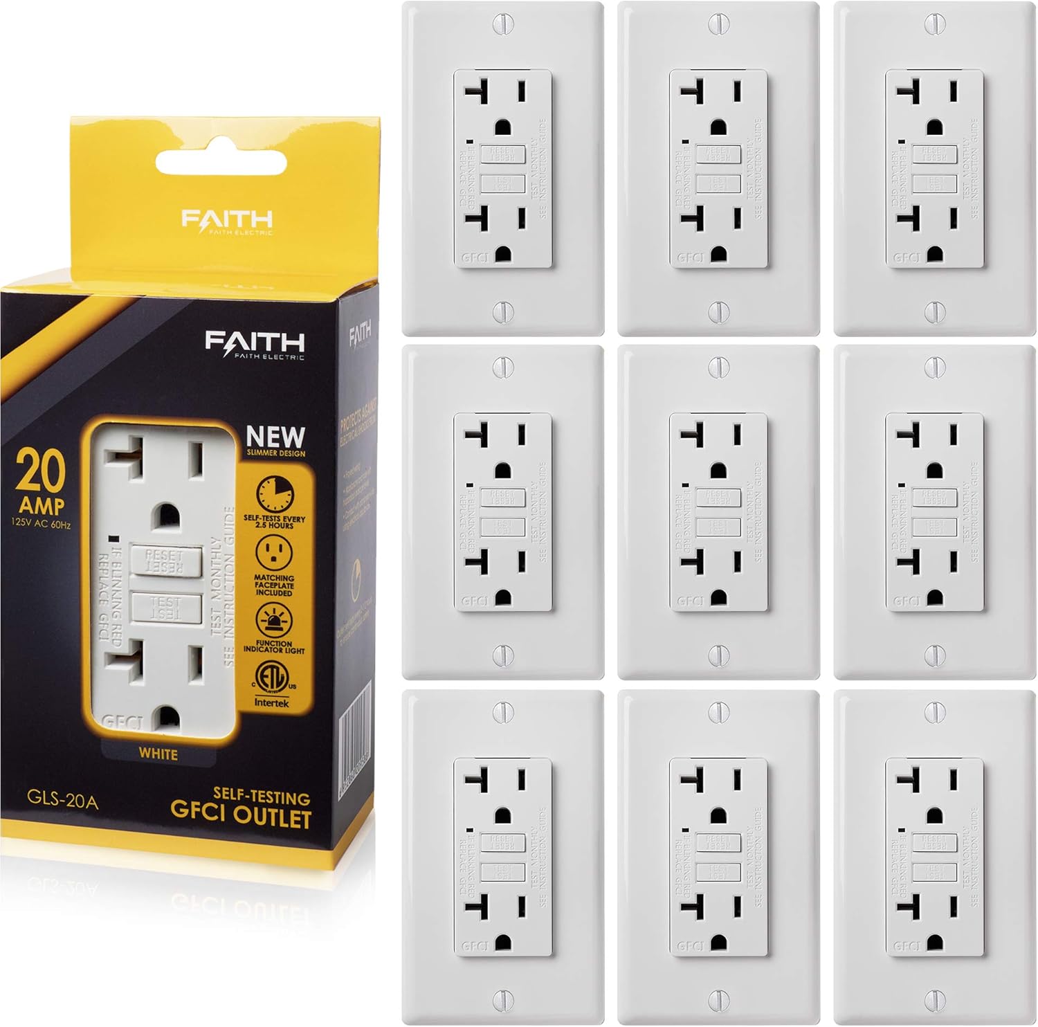 Faith [10-Pack] 20A GFCI Outlets Slim, Non-Tamper-Resistant GFI Duplex Receptacles with LED Indicator, Self-Test Ground Fault Circuit Interrupter with Wall Plate, ETL Listed, White, 10 Piece - - 