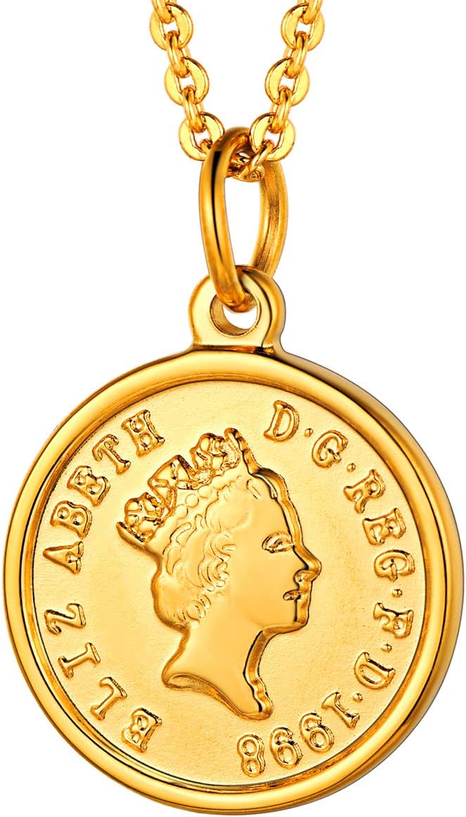 FOCALOOK Stainless Steel Coin Pendant Necklaces, Queen Elizabeth/Raphael Angel/Venus Dainty Figure Engraved Handmade Medal Lucky Necklaces Jewelry for Women