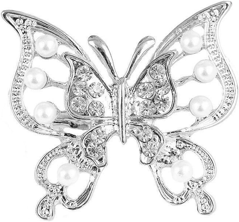 Reizteko Women Girls Double Hollow Butterfly Brooch Pins Alloy With Rhinestone Crystal Pearl Brooches Wedding Pin (Silver)