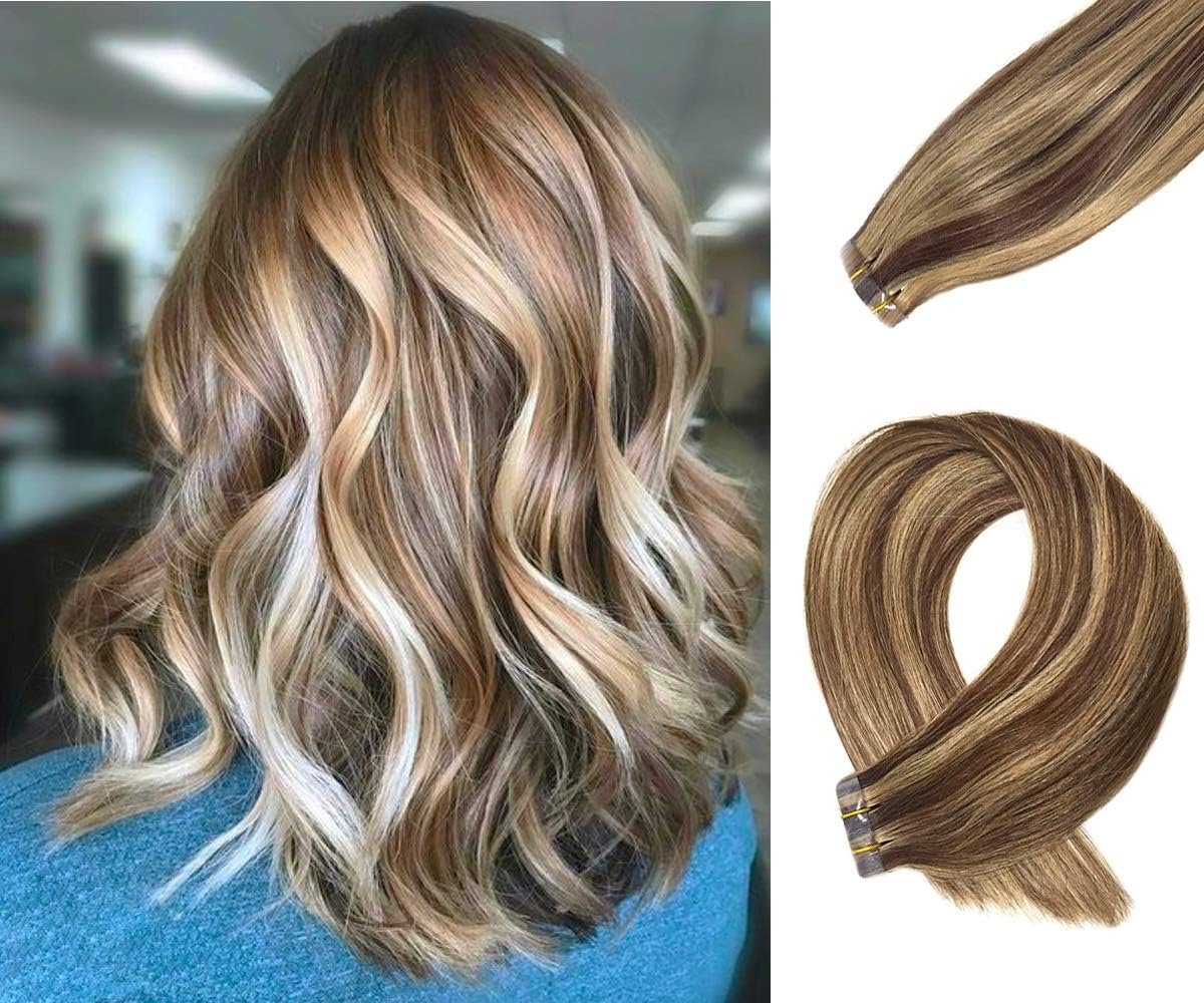 Tape in Hair Extensions Medium Brown with Strawberry Blonde Highlights Extensions Silky Straight Seamless Skin Weft Remy Real Hair Glue in Extensions 16" 20 Pcs/30grams (16 inches, 4-27)