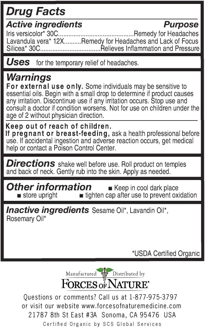 Forces of Nature – Natural, Organic Headache Pain Care (4ml) Non GMO, No Harmful Chemicals -Relief for Tension, Stress and Anxiety Associated with Headaches, Migraines, Sinus and Hangovers: Health & Personal Care