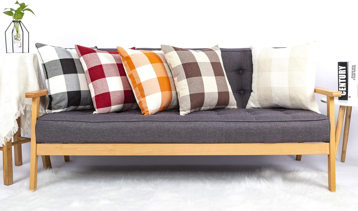 4TH Emotion Set of 2 Farmhouse Buffalo Check Plaid Throw Pillow Covers Cushion Case Cotton Linen for Fall Home Decor Black and White, 18 x 18 Inches: Home & Kitchen