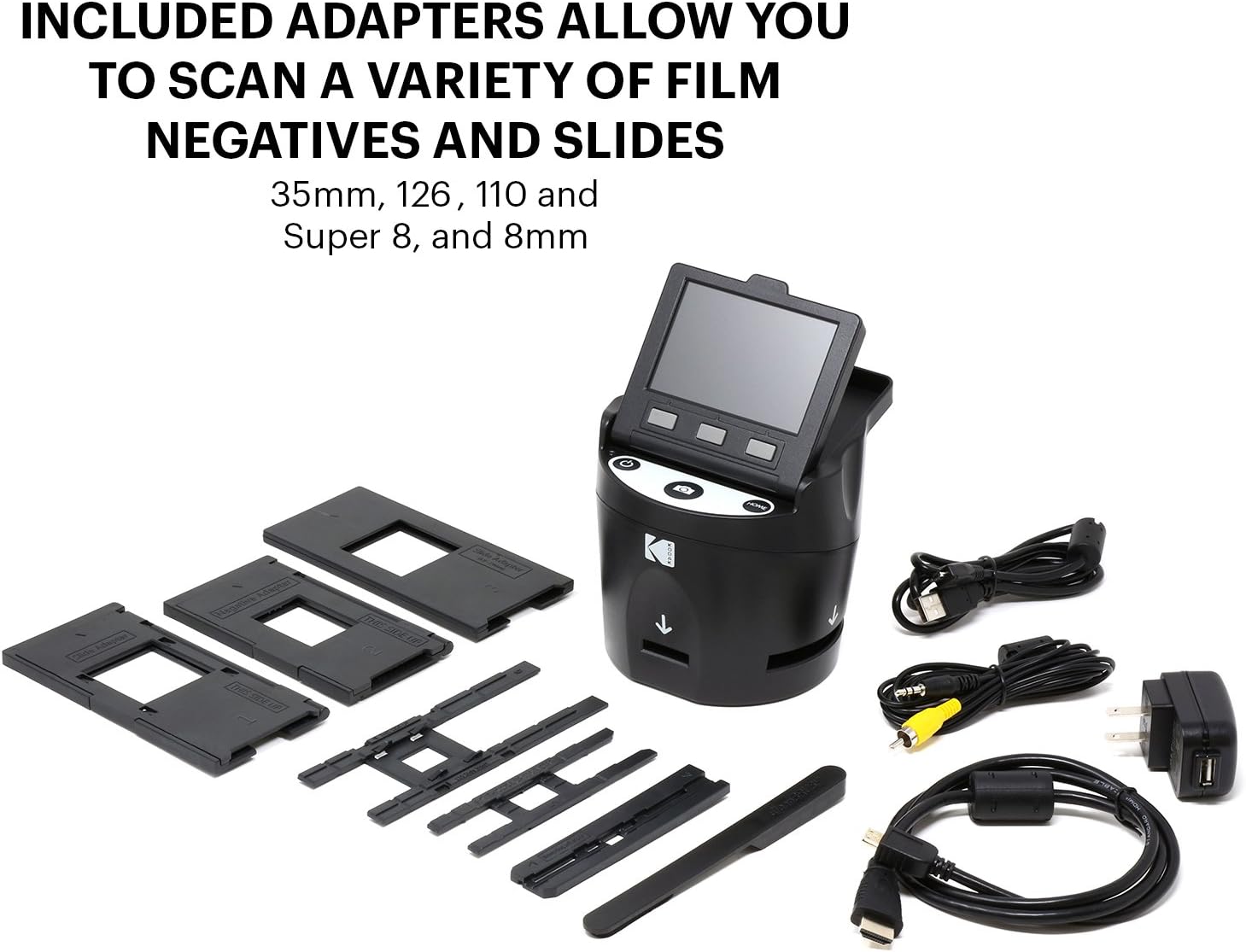 KODAK SCANZA Digital Film & Slide Scanner - Converts 35mm, 126, 110, Super 8 & 8mm Film Negatives & Slides to JPEG - Includes Large Tilt-Up 3.5" LCD, Easy-Load Film Inserts, Adapters & More: Office Products