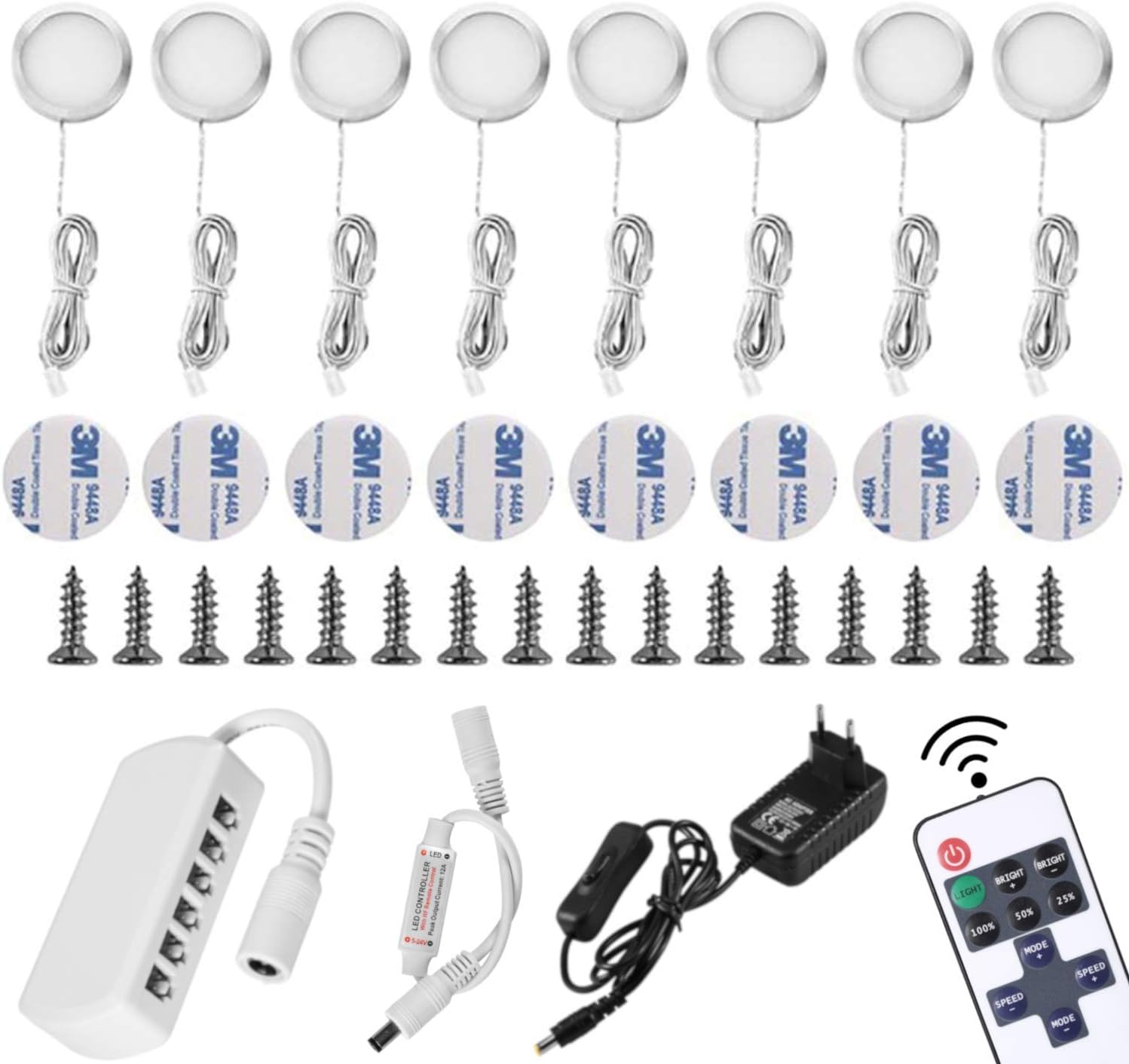 Lampmall Under Cabinet Light LED Aluminum Puck Lights 12V for Counter Closet Furniture Lighting with Dimmable RF Remote Control (8 Pack) (Cold White)