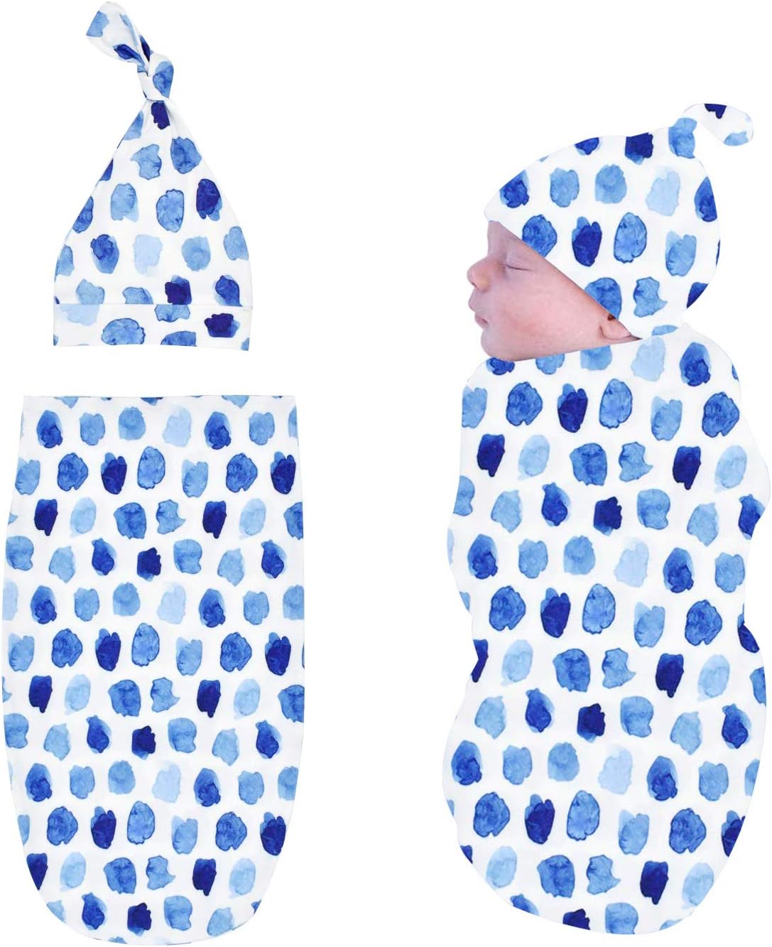 Newborn Swaddle Sack with Baby Hat Soft Stretchy Swaddle Wrap Receiving Blankets for 0-3 Month Baby Boys by GFU (Blue Dots)