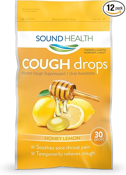 Amazon Com Soundhealth Cough Drops Cough Suppressant Throat Lozenge Honey Lemon Flavor 30 Count Bag Pack Of 12 Health Personal Care