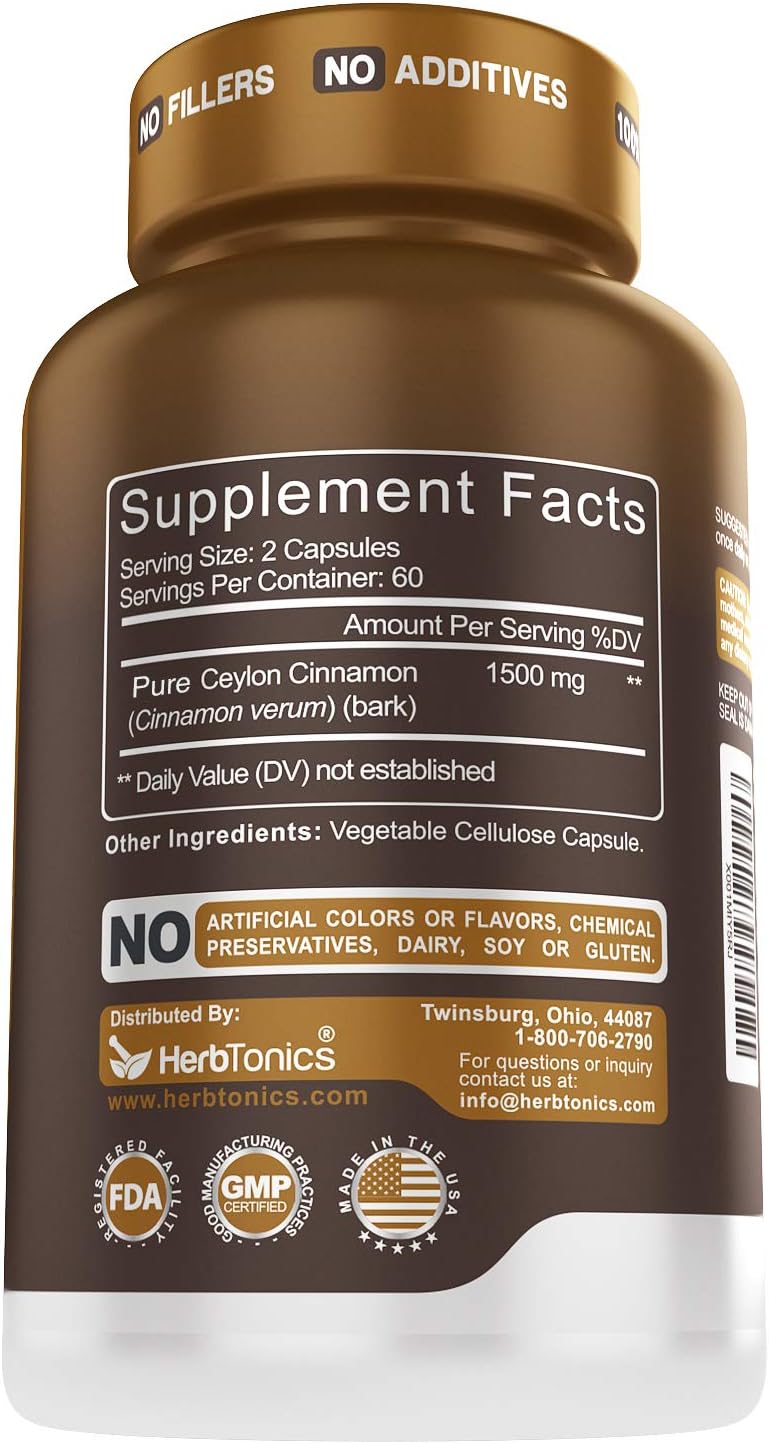 Ceylon Cinnamon Capsules 1500 mg 120 Capsules, True Ceylon Cinnamon, Blood Sugar Levels Support Supplement - Sri Lanka Cinnamon Ceylon Powder Joint Support: Health & Personal Care